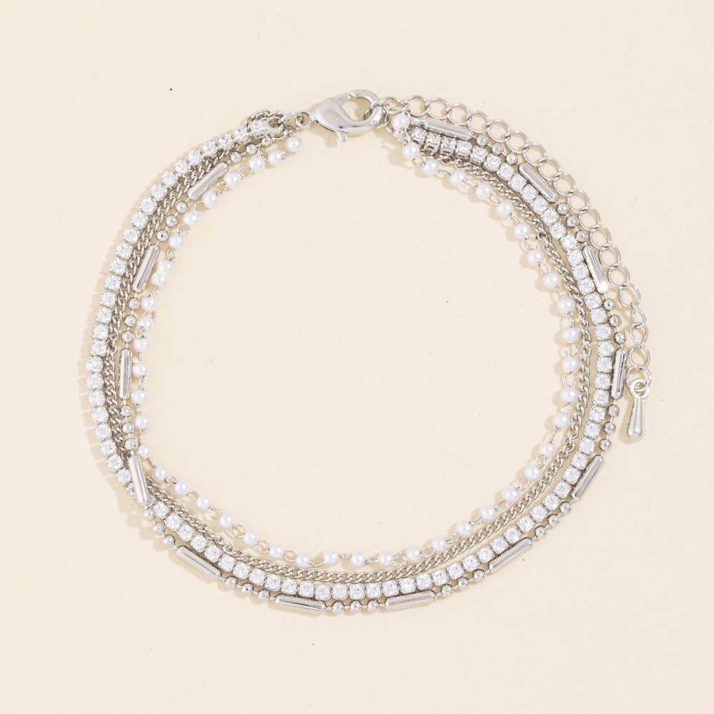 Pearl Bead And Tennis Chain Layered Bracelet