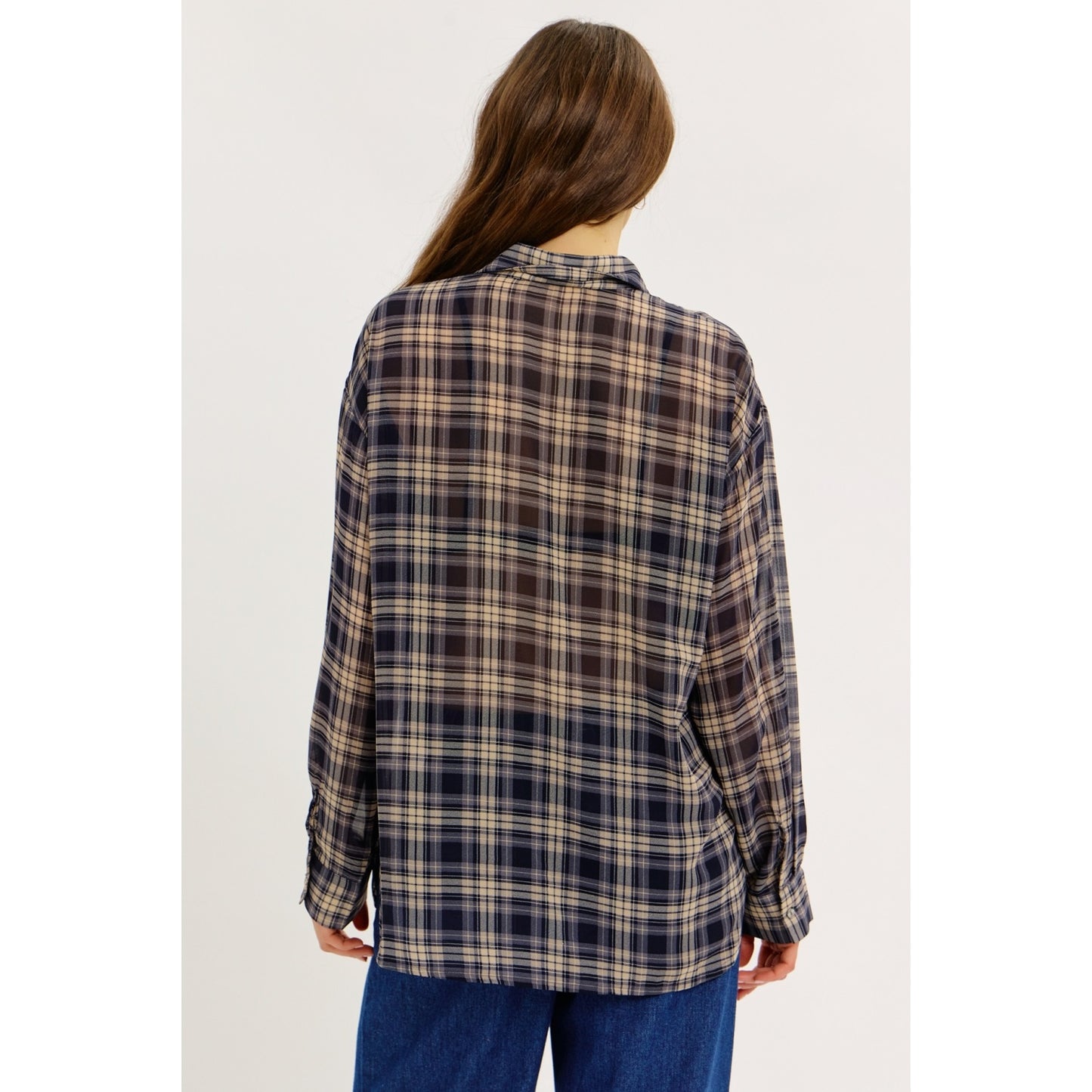 Lydia Sheer Plaid Chiffon Button-Down Shirt