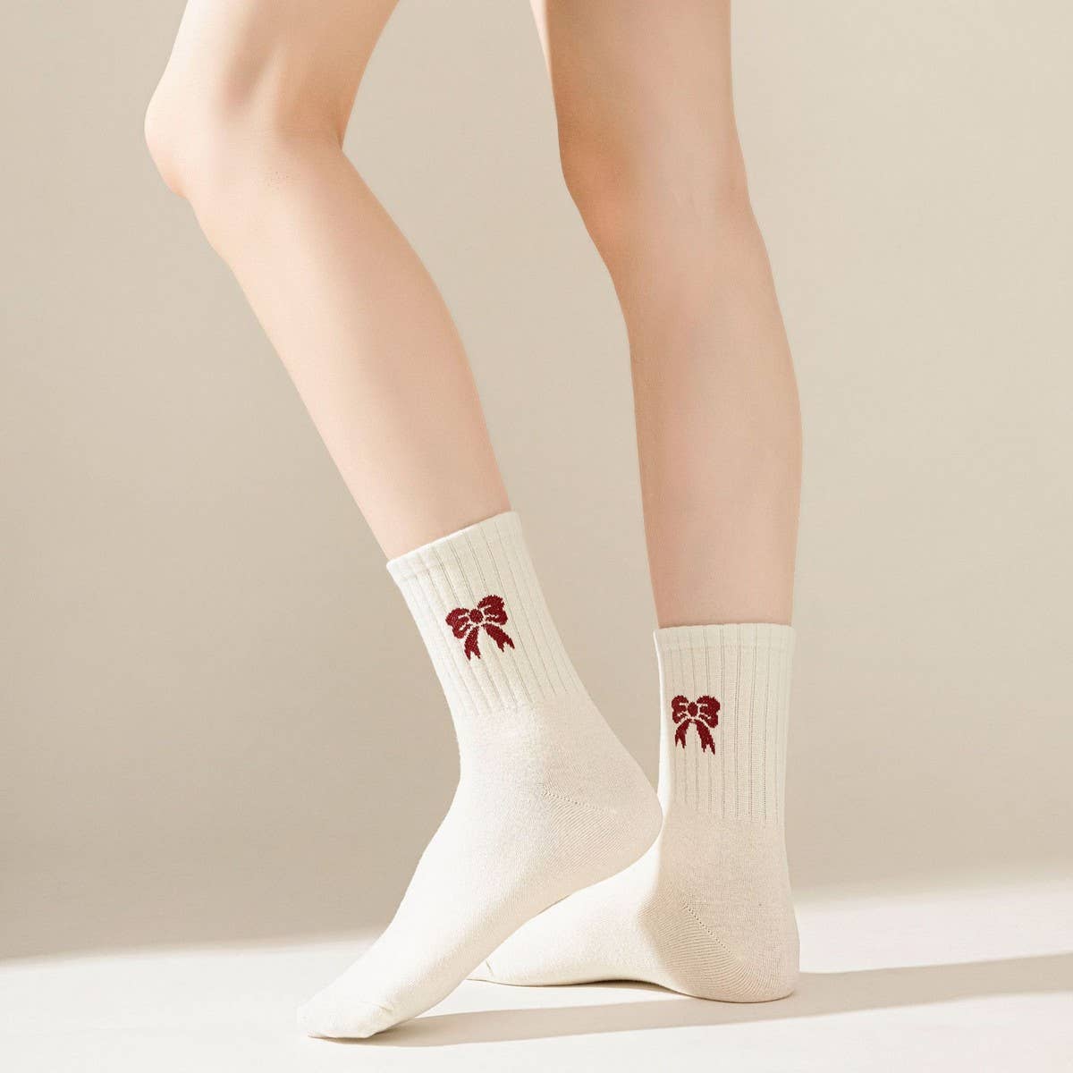 Red and White Bow Cotton Crew Socks