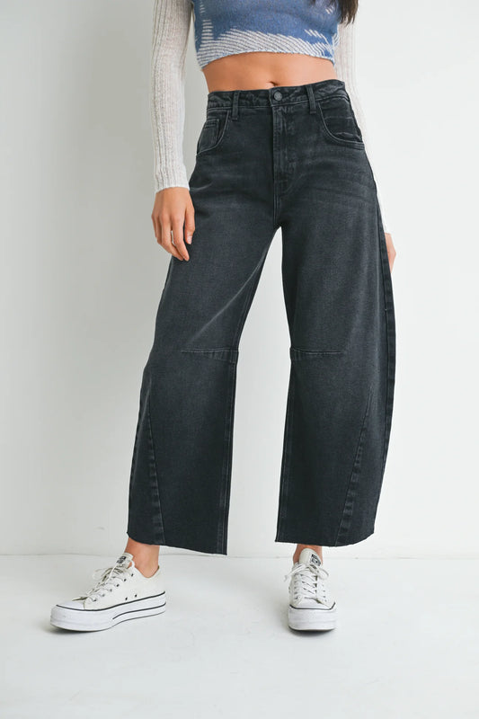 Washed Black Barrel Jean With Seams