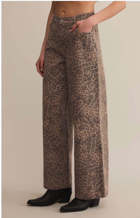Leopard Print Wide-Leg Twill Pants