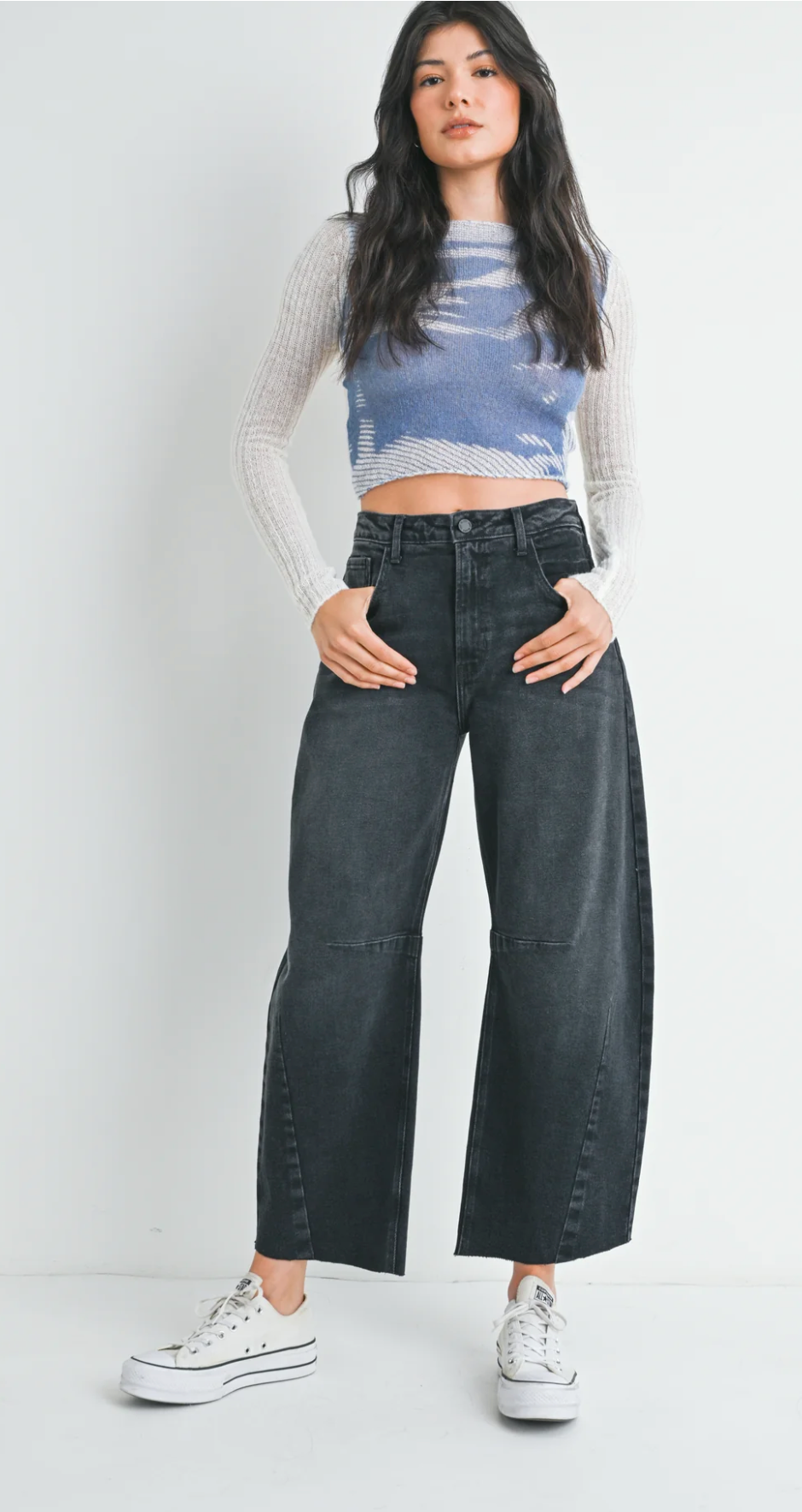 Washed Black Barrel Jean With Seams