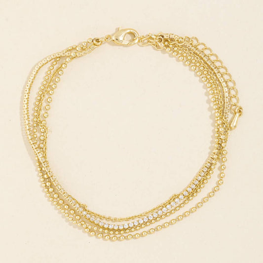 Four Strand Layered Chain And Crystal Bracelet