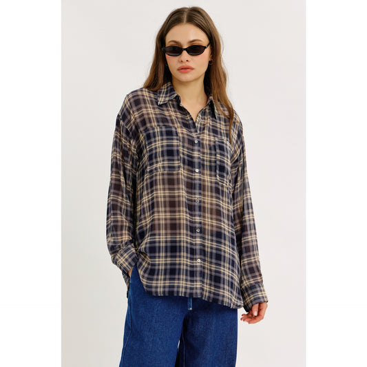 Lydia Sheer Plaid Chiffon Button-Down Shirt