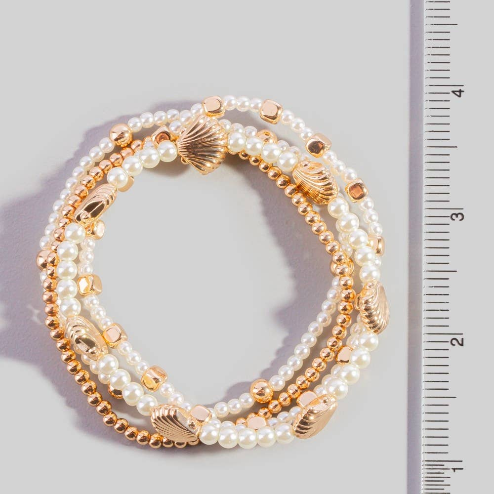 Pearl Beaded And Seashell Charms Stretch Bracelet Set