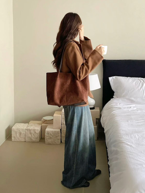 Suede-Like Leather Tote w/Cosmetic Pouch