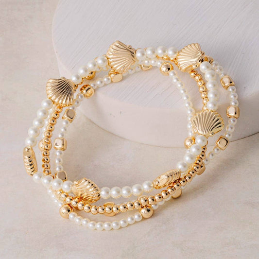Pearl Beaded And Seashell Charms Stretch Bracelet Set