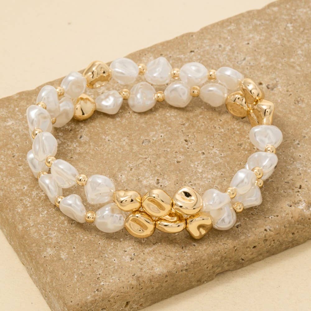 Irregular Pearl And Metallic Beaded Bracelet Set