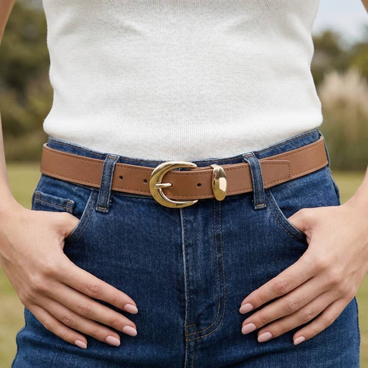 Metallic Crescent Buckle Leather Belt