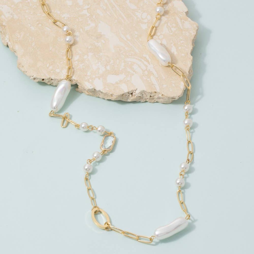 Pearl Station Long Paperclip Necklace