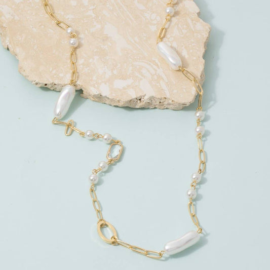 Pearl Station Long Paperclip Necklace