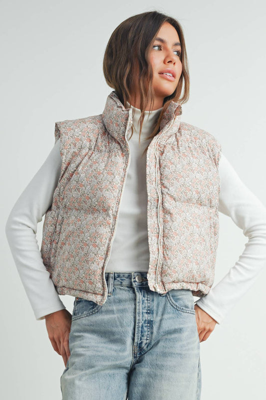 Floral High Neck Floral Puffer Vest