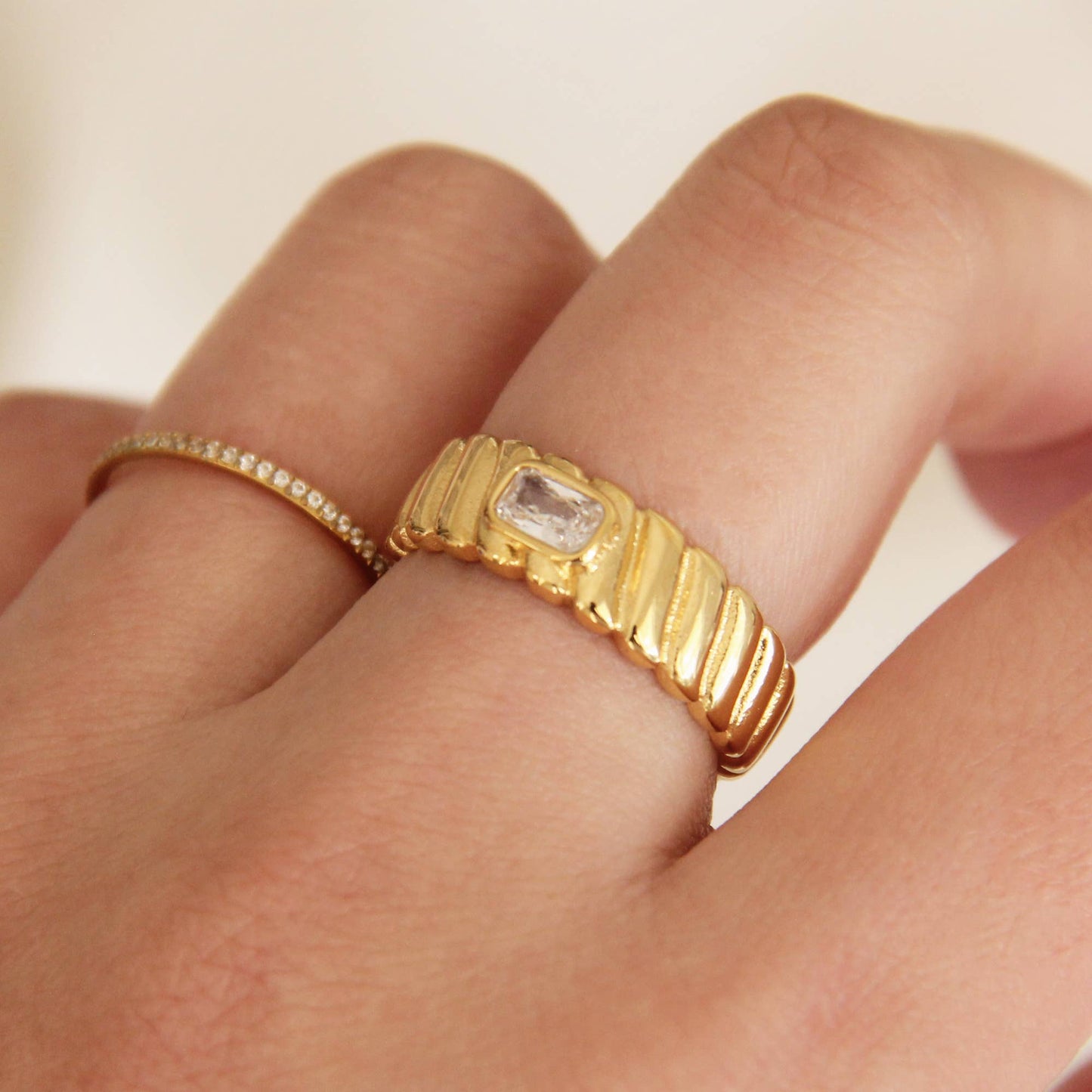 Croissant Twist CZ Cigar Band Ring