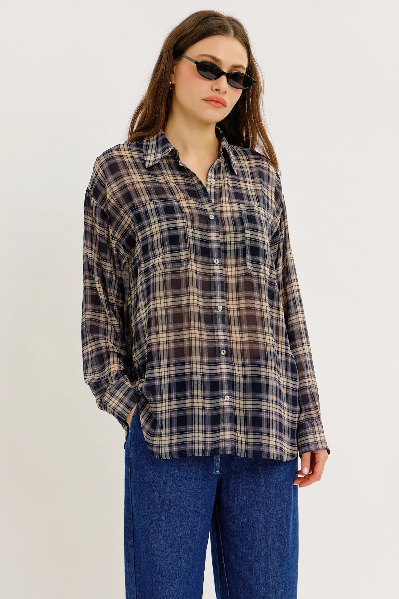 Lydia Sheer Plaid Chiffon Button-Down Shirt