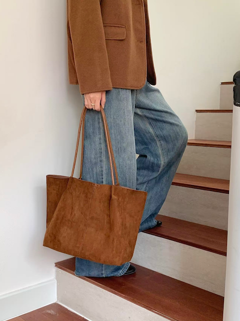 Suede-Like Leather Tote w/Cosmetic Pouch