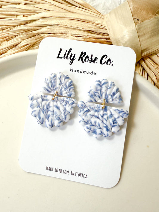 Blue and White Floral Fan Earrings