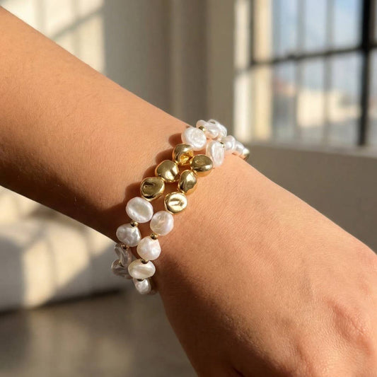 Irregular Pearl And Metallic Beaded Bracelet Set