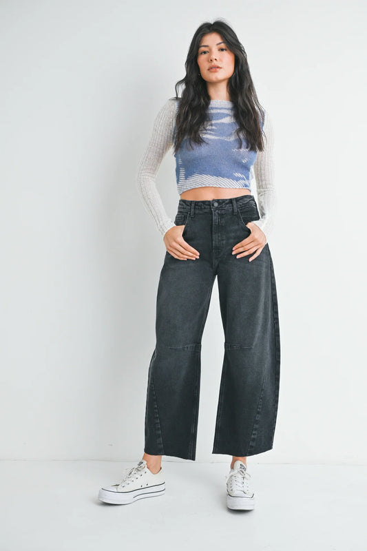 Washed Black Barrel Jean With Seams