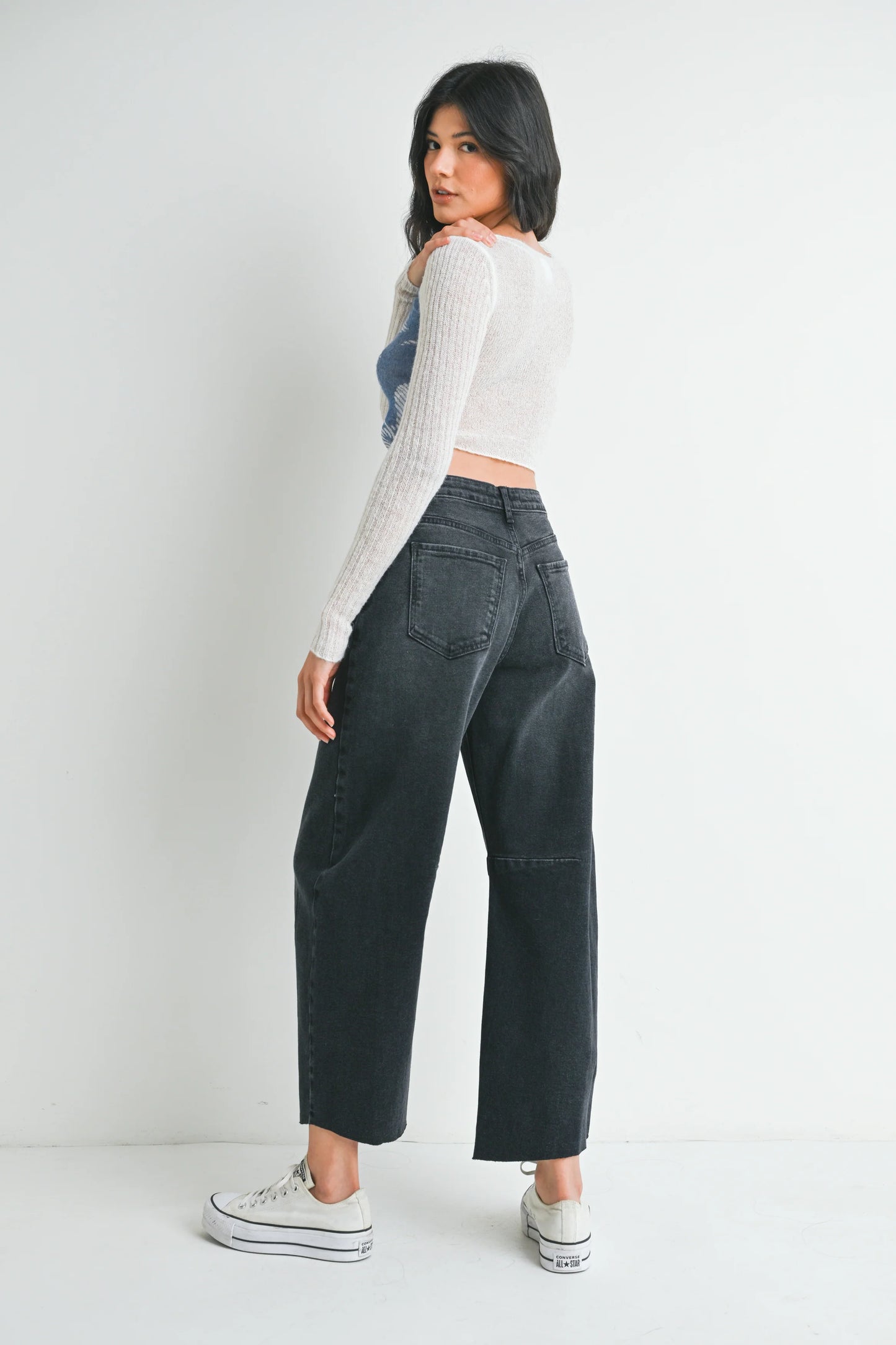 Washed Black Barrel Jean With Seams