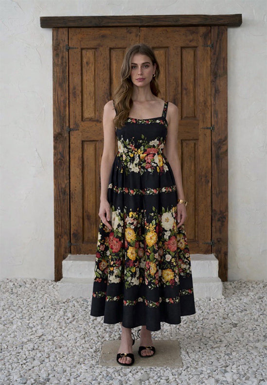 Floral Print Sweetheart Neck Midi Dress