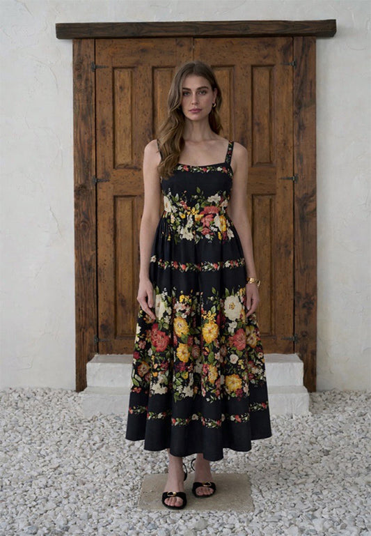 Floral Print Sweetheart Neck Midi Dress