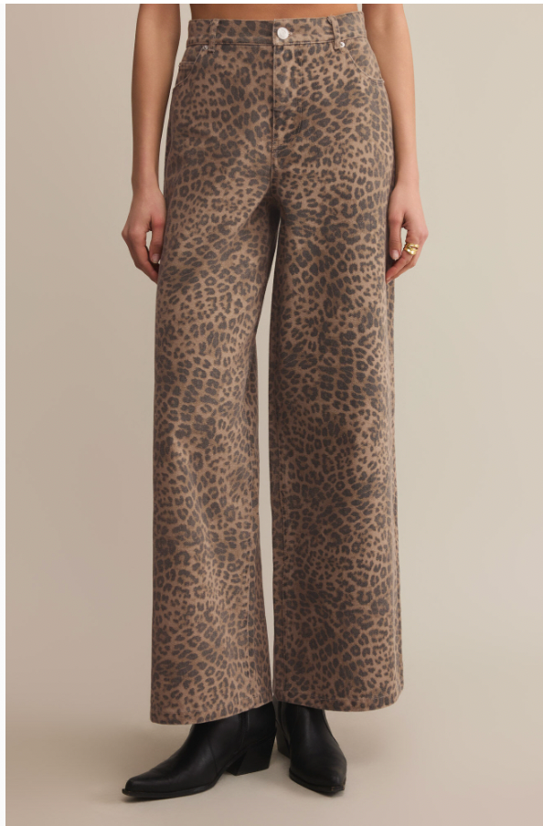 Leopard Print Wide-Leg Twill Pants