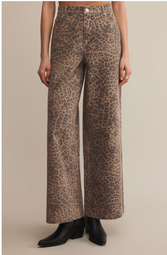 Leopard Print Wide-Leg Twill Pants