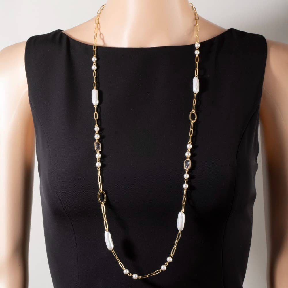 Pearl Station Long Paperclip Necklace