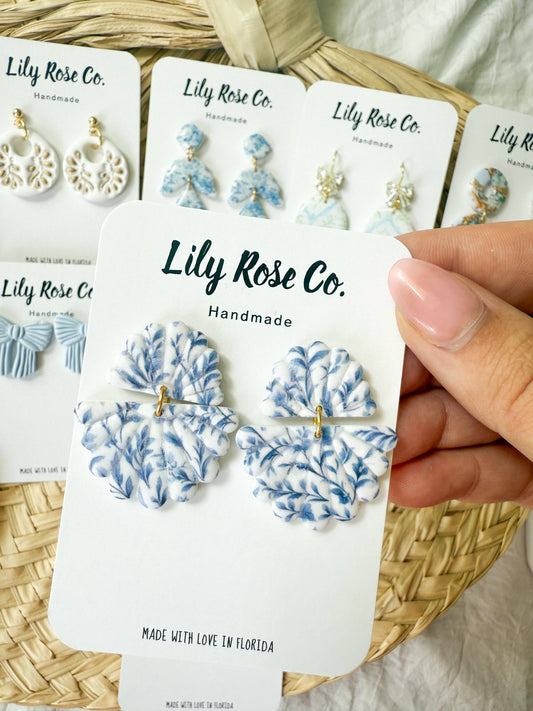 Blue and White Floral Fan Earrings