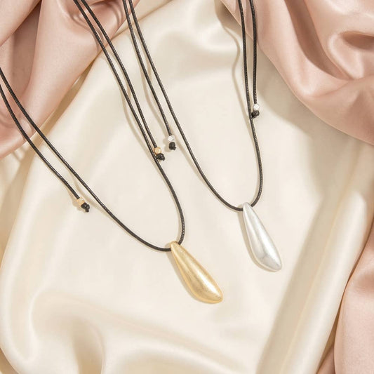 Elongated Teardrop Pendant Cord Necklace