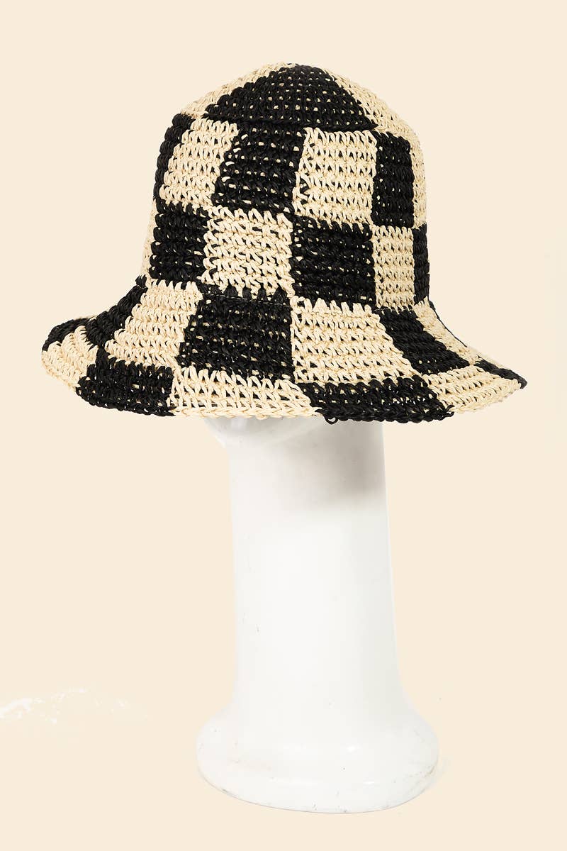 Straw Braided Checkered Bucket Hat
