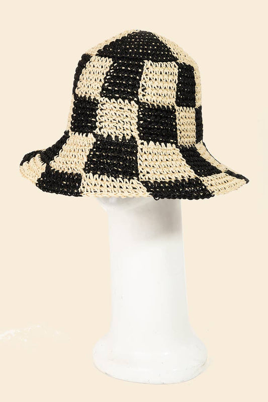 Straw Braided Checkered Bucket Hat